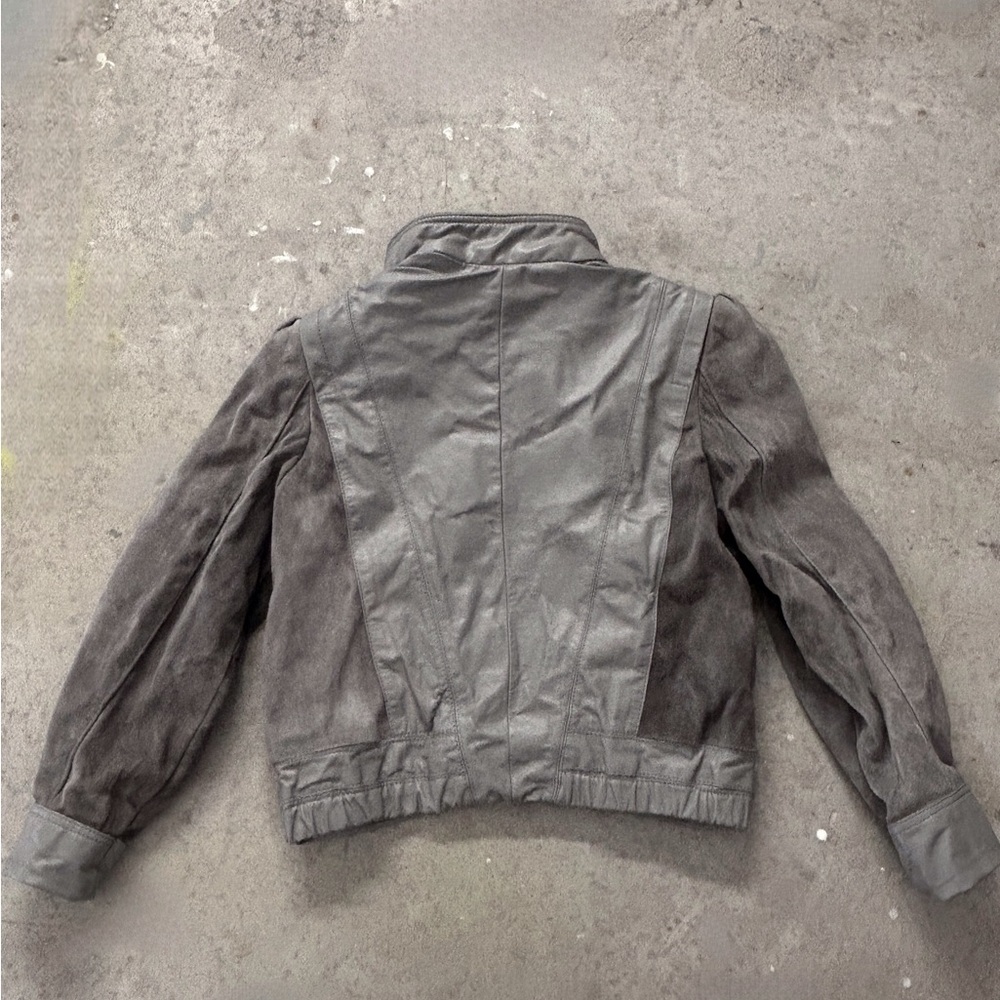 Gray Leather Jacket with Stand-Up Collar and Full-Length Zipper - Picture 9 of 11